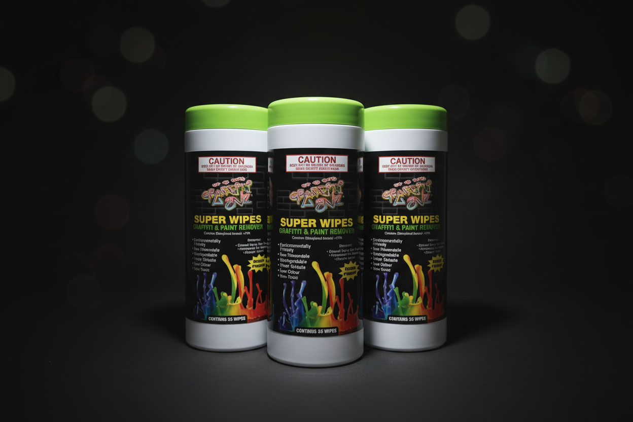 Three containers of Super Wipes with colorful graphics on a white background