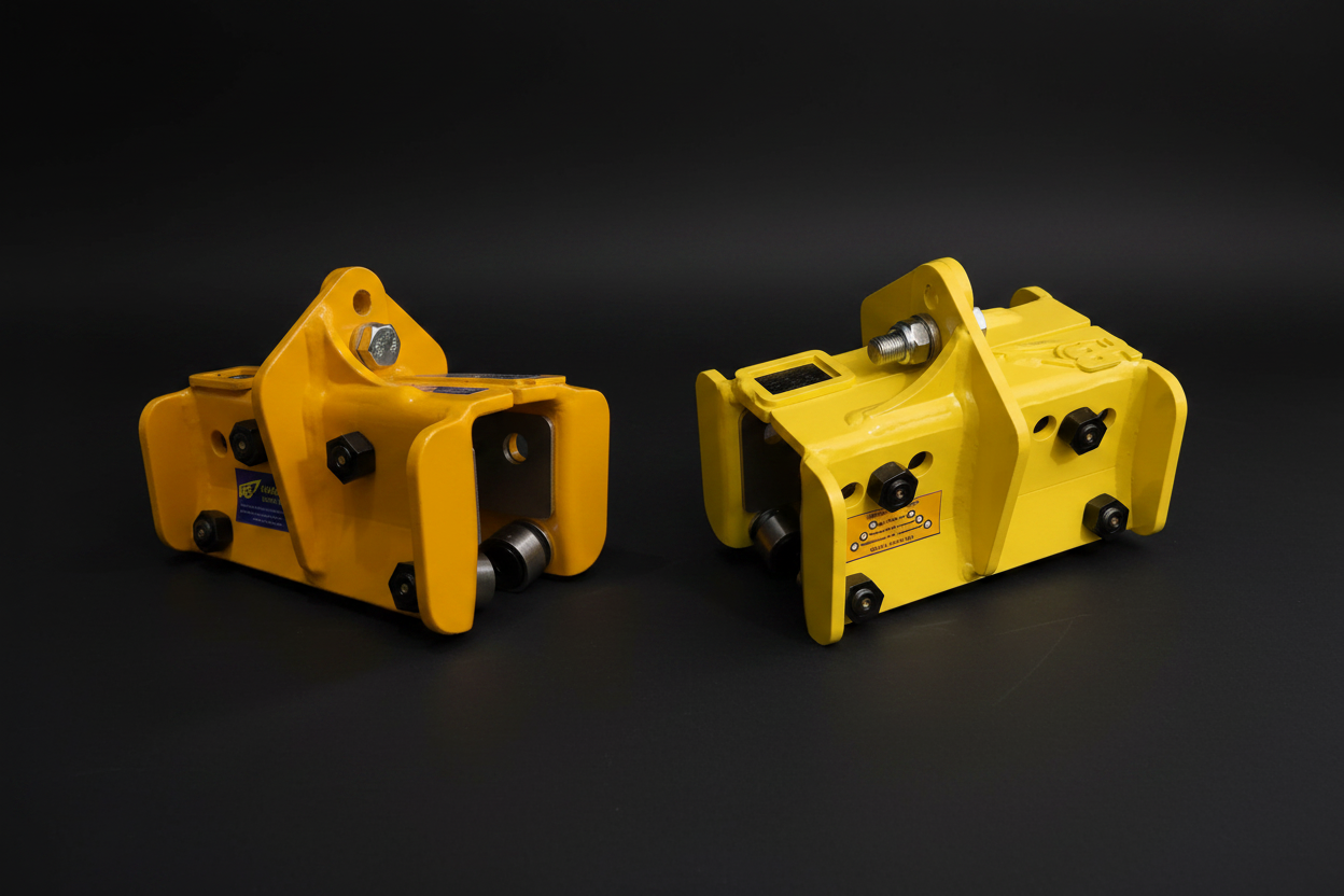 Two yellow rail anchors on a black background