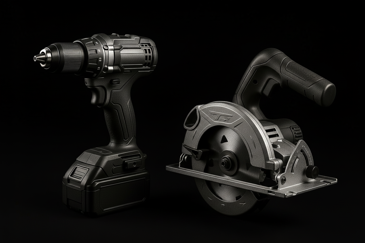 a battery drill and a circular saw on a black background