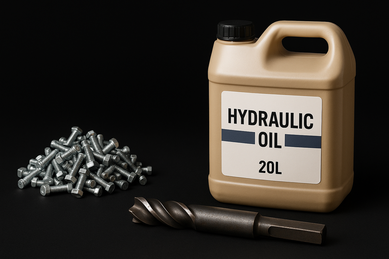 Hydraulic oil and bolts and a rail drill bit on a black background