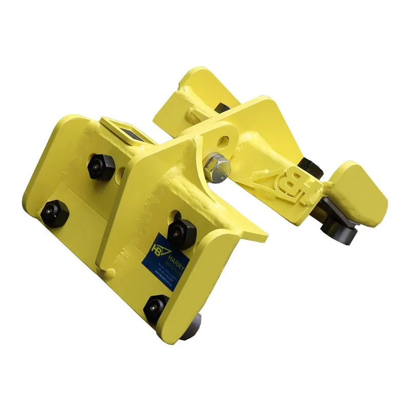 a yellow harrybilt rail dog fall arrest anchor on a white background
