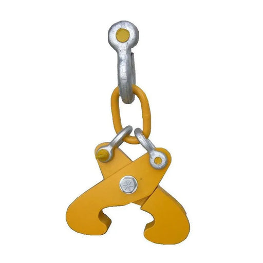 a yellow harrybilt rail scissors and silver d shackle on a white background