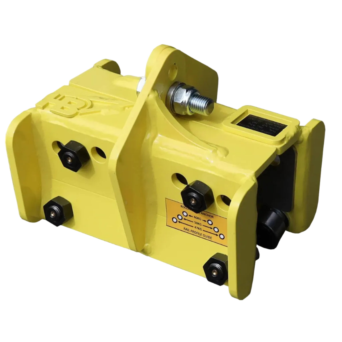 a yellow harrybilt rail dog fall arrest anchor on a white background