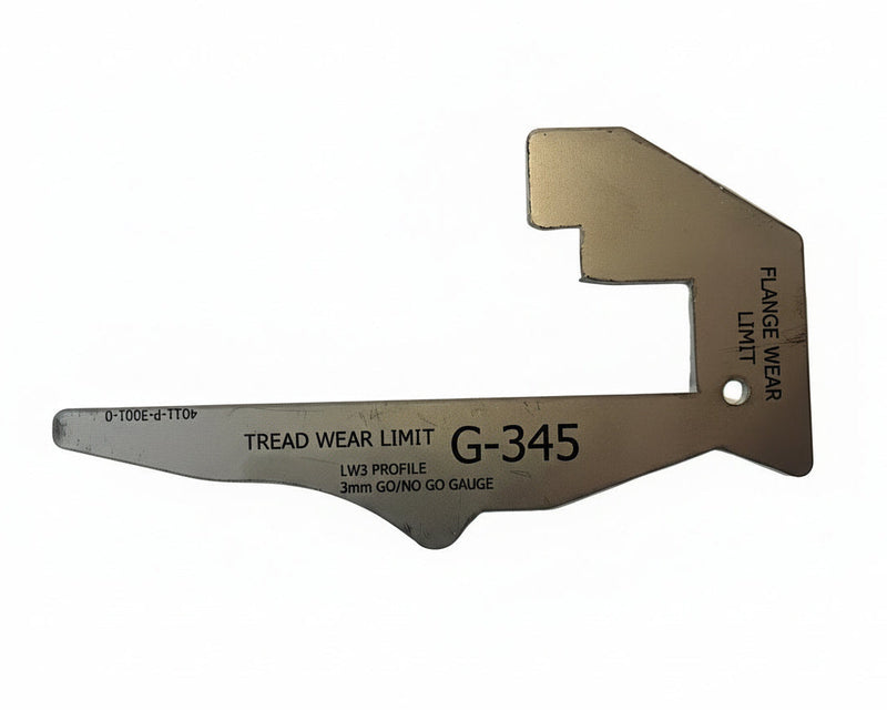 Metal tire wear gauge with text on a white background