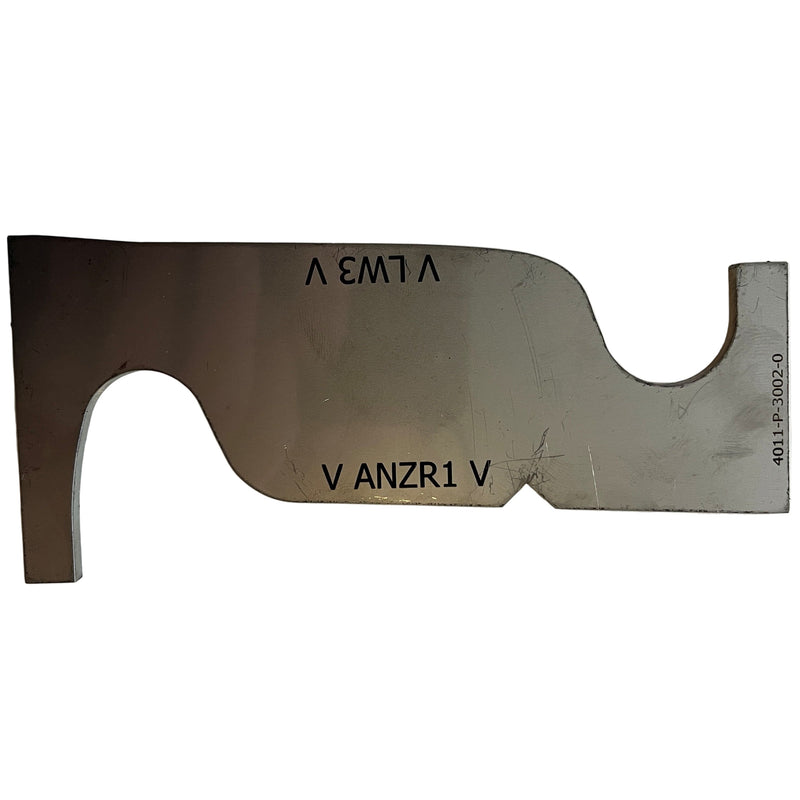 Metal rail profile gauge with engraved text on a white background