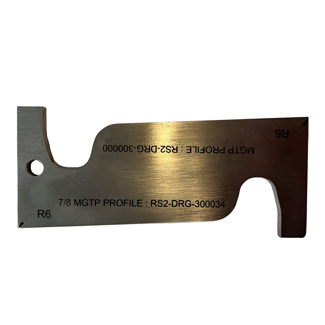 Metal rail profile with engraved text on a white background