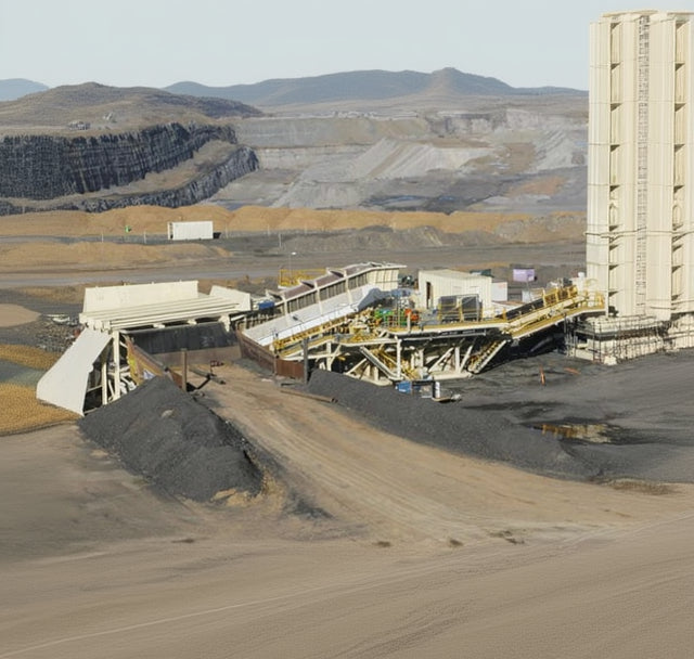 Industrial mining or quarrying site with large equipment and heaps of material.