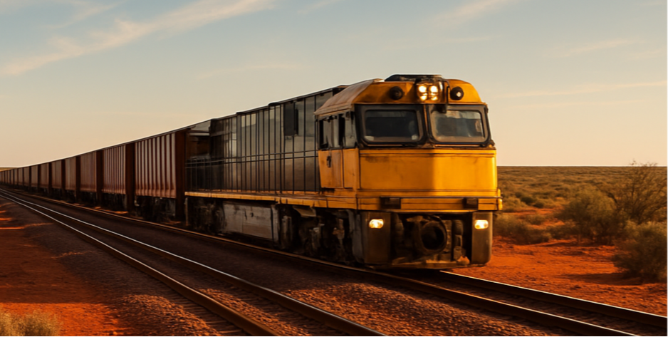 Yellow train locomotive on railway tracks in a australian outback landscape with a clear sky.