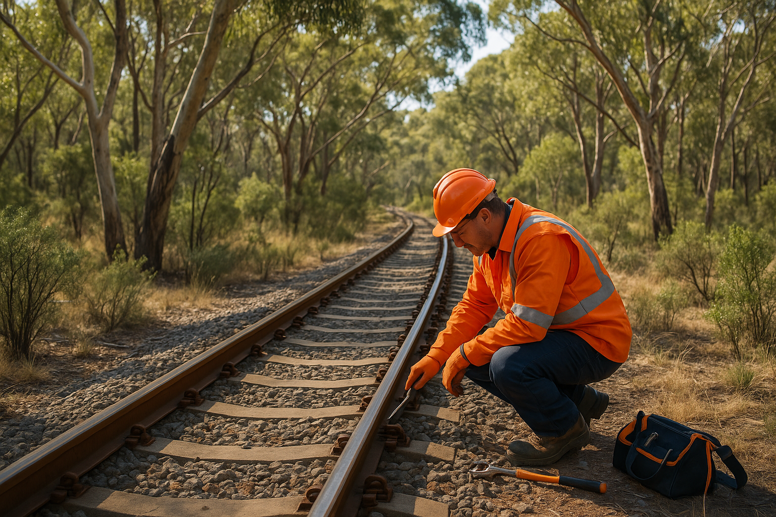 a worker in orange work wear next to a train track in the australian bush