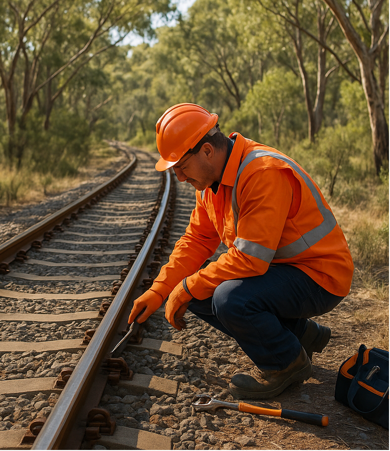 a worker in orange work wear next to a train track in the australian bush