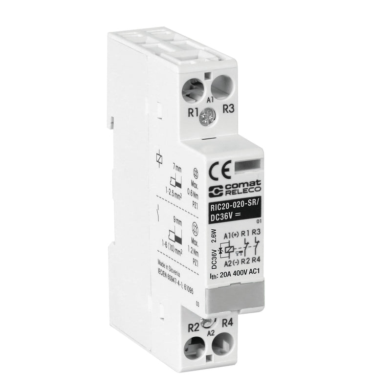 COMAT RIC20-xxx-SR Installation Contactor — 2 Pole 20A DC Coil with TVS Suppressor